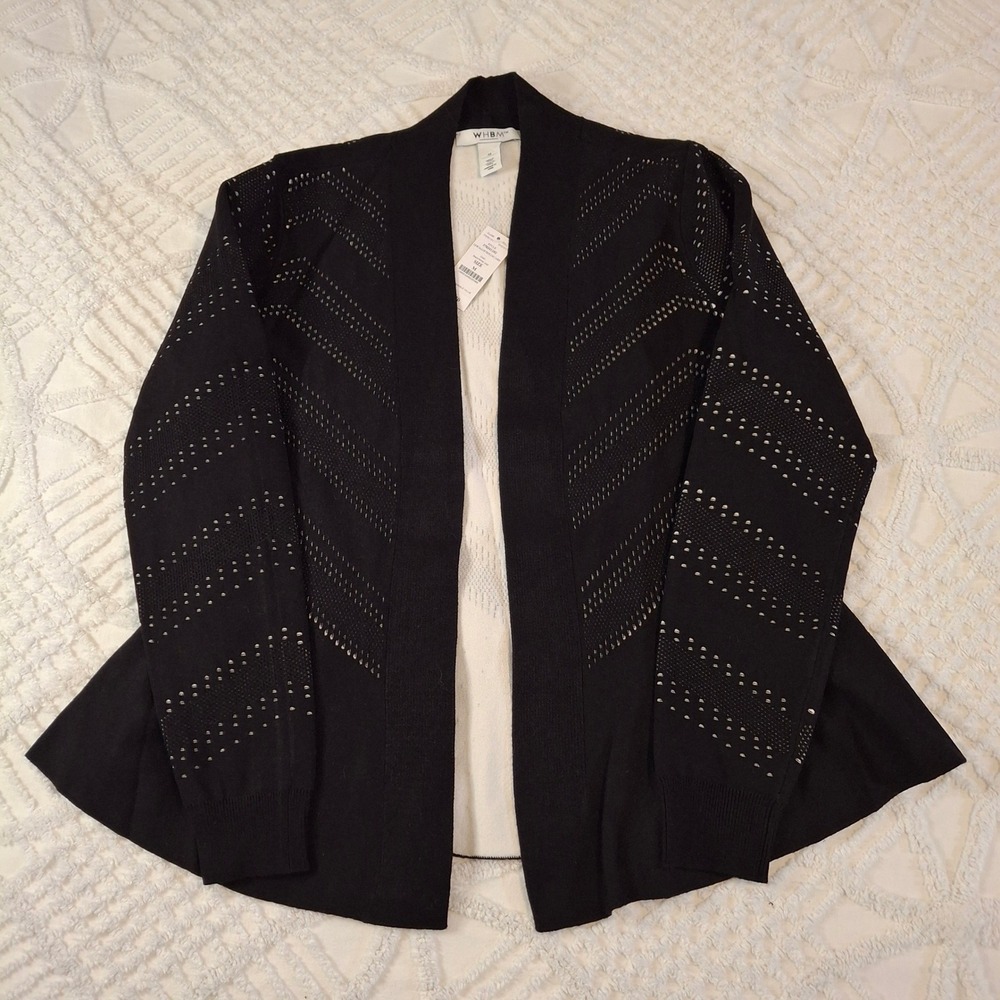 WHBM Womens Medium Open Front Peplum Cardigan Black White Chevron Jacquard NWT